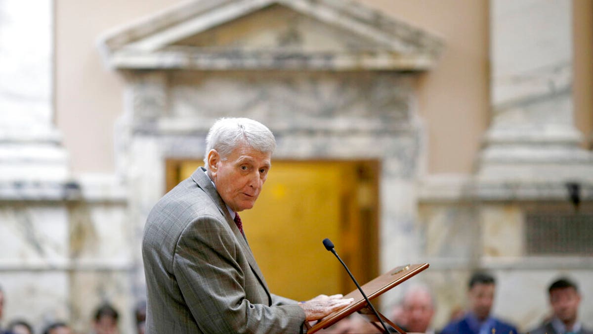 FILE - In a Jan. 9, 2019 file photo, Maryland House Speaker Michael Busch speaks in the House of Delegates chamber in Annapolis, Md., the first day of the state's 2019 legislative session. Busch died Sunday, April 7, 2019 surrounded by loved ones, according to Alexandra Hughes, the speaker’s chief of staff. He was 72. (Associated Press)