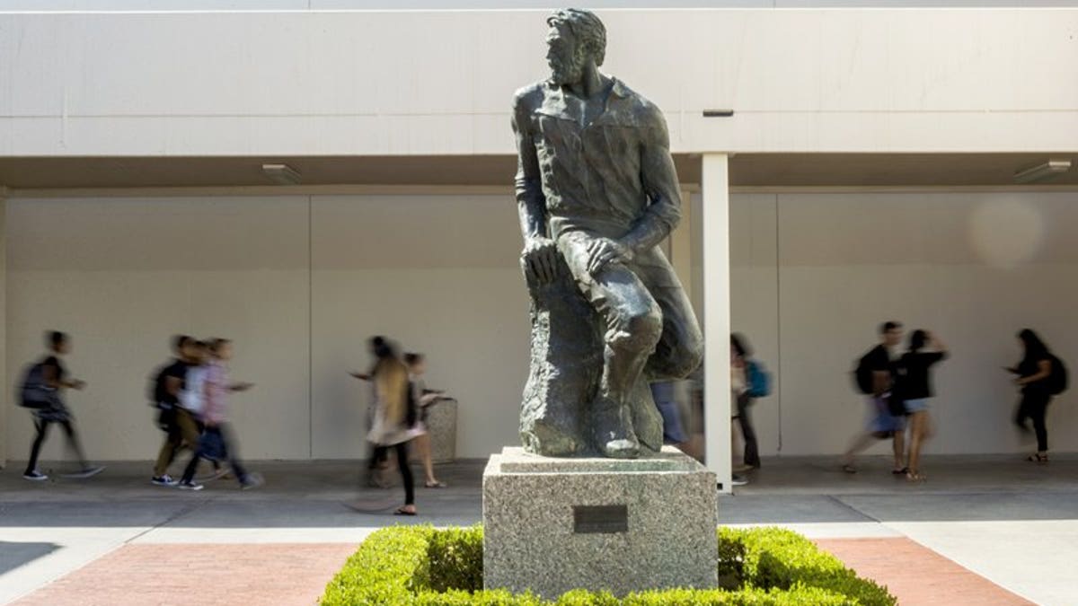 This Sept. 20, 2017 photo shows the "Prospector Pete" statue at California State University, Long Beach, Calif.