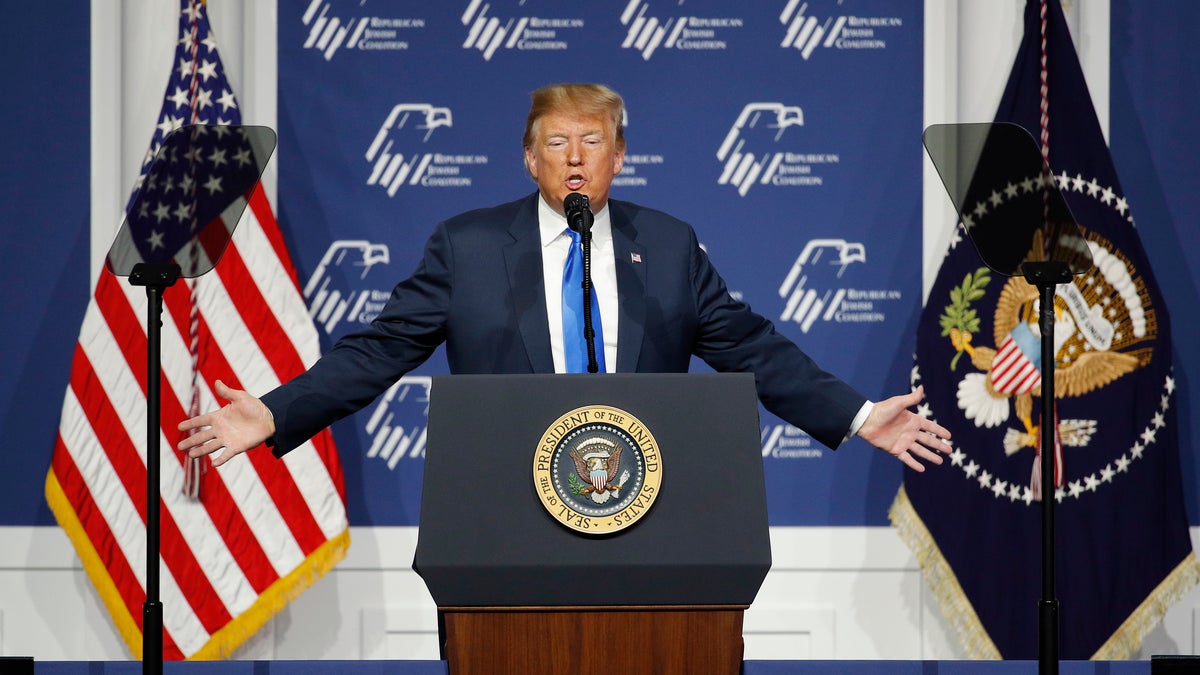 President Donald Trump speaks at an annual meeting of the Republican Jewish Coalition, Saturday, April 6, 2019, in Las Vegas. (AP Photo/John Locher)