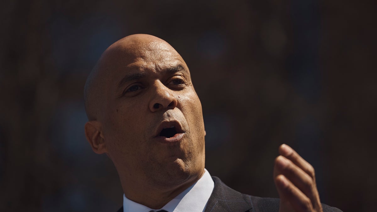 Democratic presidential candidate Sen. Cory Booker, D-N.J., talks to the crowd during a hometown kickoff for his national presidential campaign tour at Military Park in downtown Newark on Saturday. (AP Photo/Andres Kudacki)