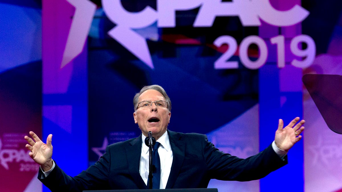 FILE--In this March 2, 2019, file photo, NRA executive vice president and CEO Wayne LaPierre speaks at Conservative Political Action Conference, CPAC 2019.