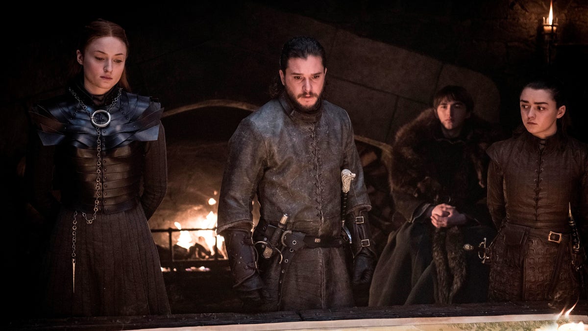 Sophie Turner, Kit Harington, Isaac Hempstead Wright and Maisie Williams in a scene from "Game of Thrones."