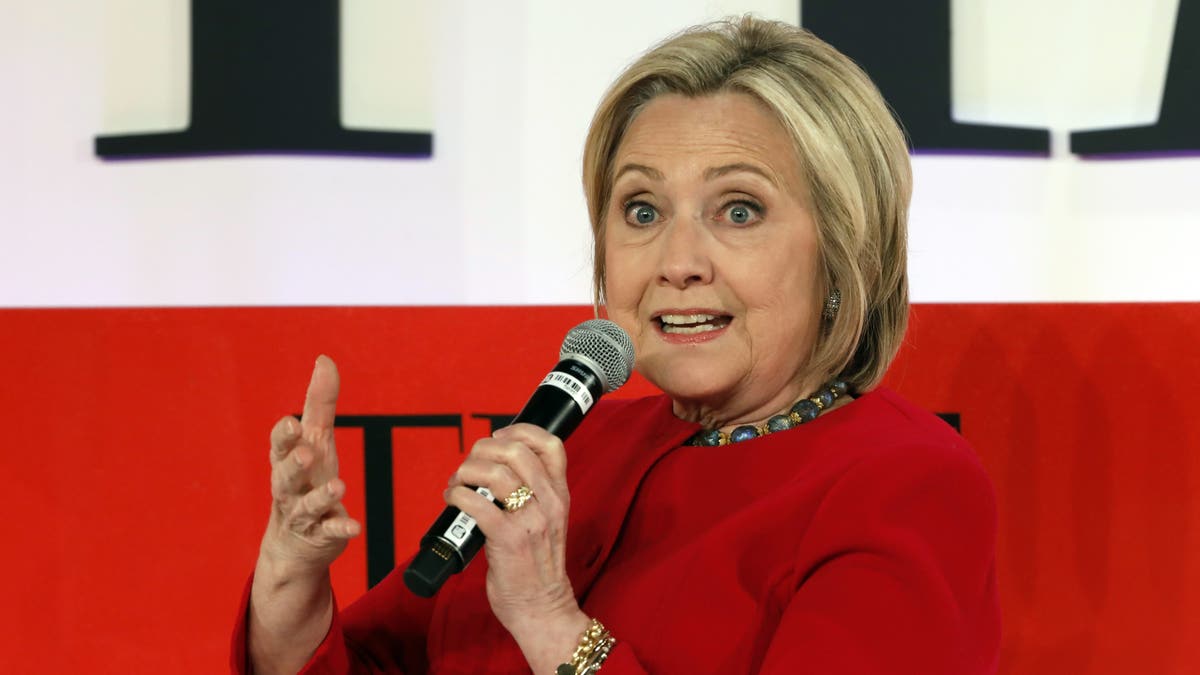 Hillary Clinton speaks during the TIME 100 Summit, in New York, Tuesday, April 23, 2019. (AP Photo/Richard Drew)
