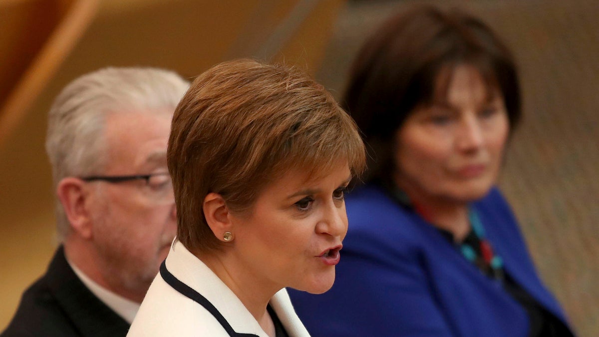 First Minister of Scotland Nicola Sturgeon issues a statement on Brexit and independence in the main chamber at the Scottish Parliament, Edinburgh, Wednesday April 24, 2019.  (Jane Barlow/PA via AP)