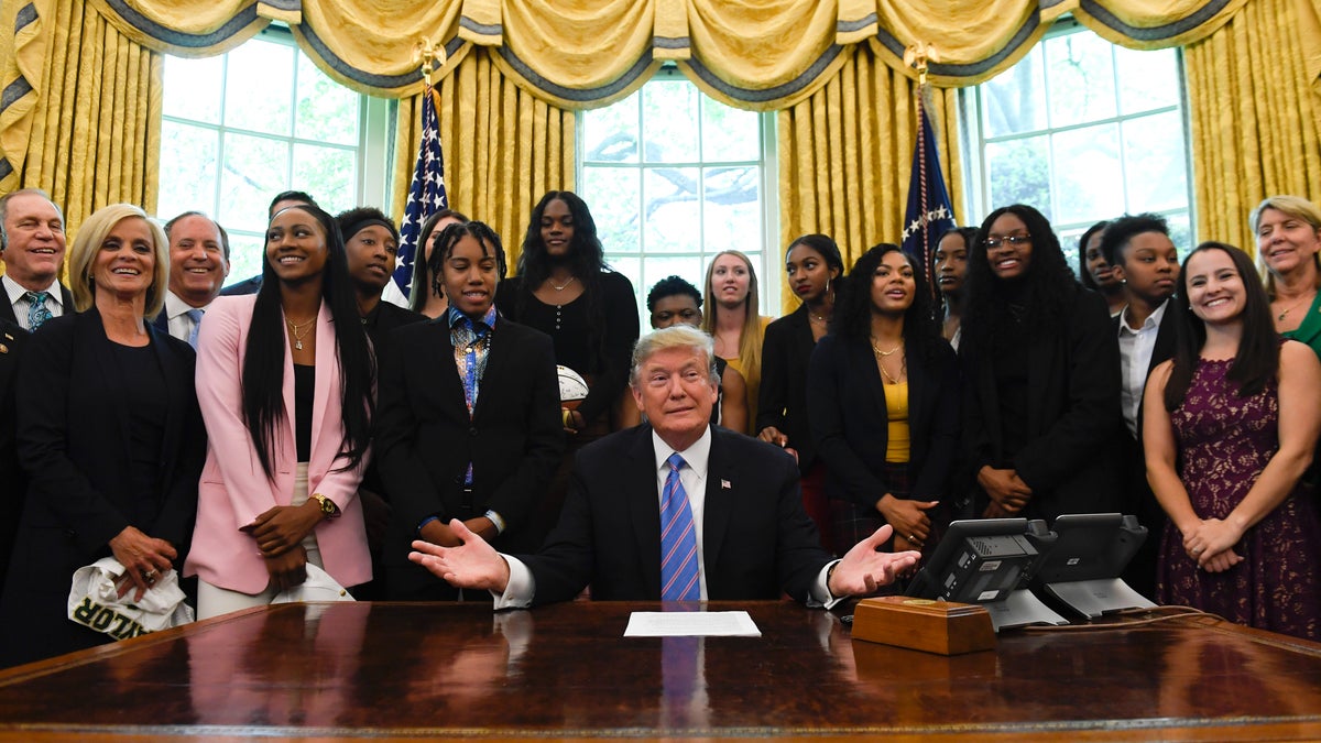 President Trump welcomes members of the Baylor women's basketball team, who are the 2019 NCAA Division I Women's Basketball National Champions, to the Oval Office of the White House on April 29, 2019. (AP Photo/Susan Walsh)