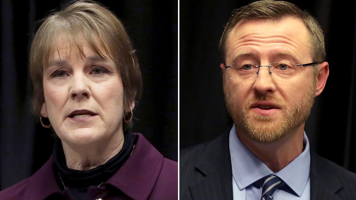 FILE--In this March 15, 2019 file photo, Wisconsin Supreme Court candidates Lisa Neubauer, left, speaks during a debate with opponent Brian Hagedorn, right, at the Wisconsin State Bar Center in Madison, Wis.