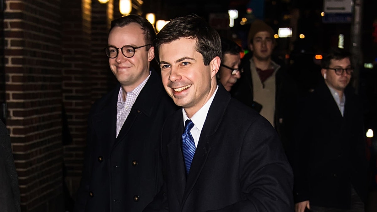 Pete Buttigieg (R) and husband Chasten Glezman are seen arriving at "The Late Show With Stephen Colbert" at the Ed Sullivan Theater on Feb. 14, 2019 in New York City.  (Gilbert Carrasquillo/GC Images)