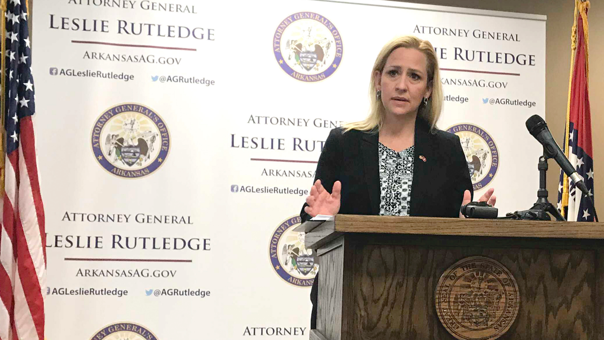 Arkansas Attorney General Leslie Rutledge speaks at a news conference in Little Rock, Arkansas Thursday, April 25, 2019. (AP Photo/Andrew DeMillo)
