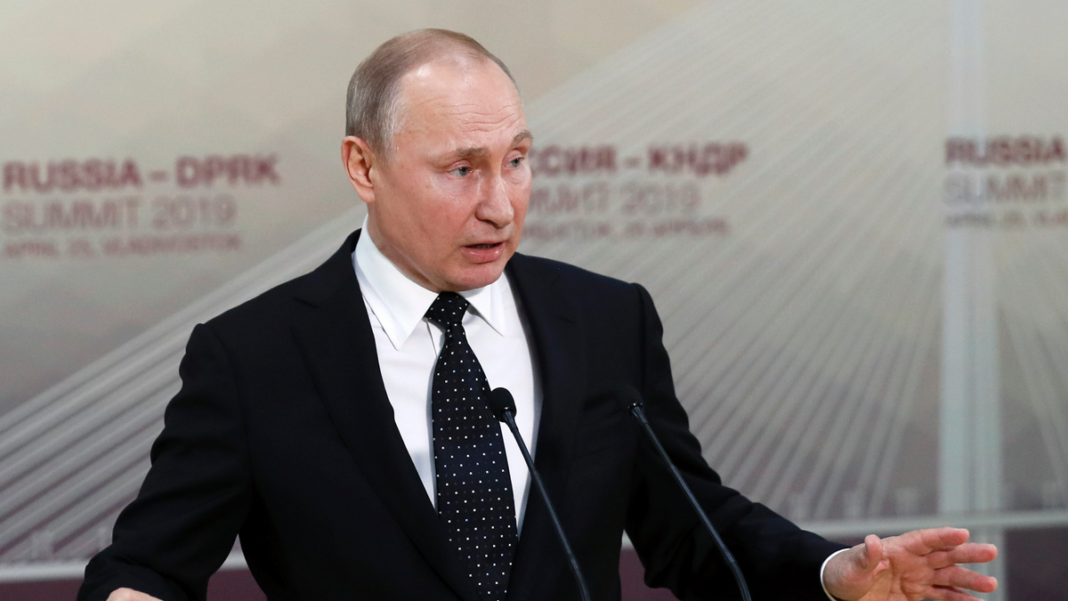 Russian President Vladimir Putin gestures while speaking to the media after his talks with North Korea's leader Kim Jong Un talk in Vladivostok, Russia, Thursday, April 25, 2019. President Vladimir Putin says after talks with North Korean leader Kim Jong Un that Pyongyang is ready to proceed toward denuclearization, but that it needs serious security guarantees to do so.