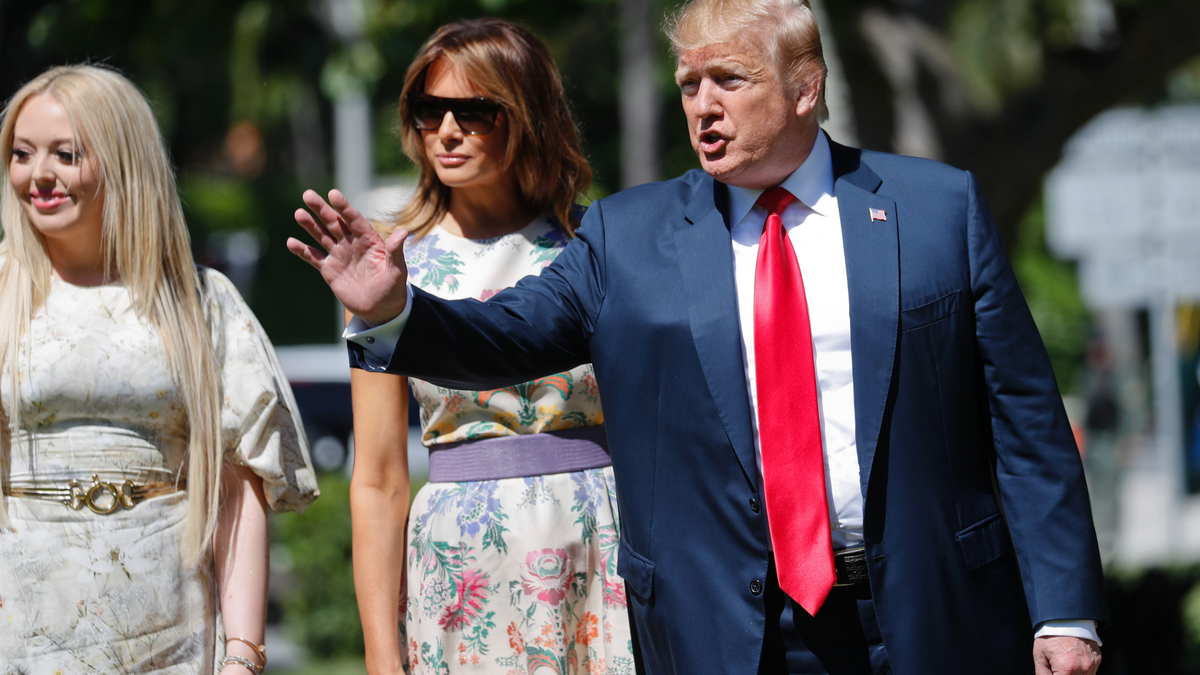 President Donald Trump, right, with first lady Melania Trump, center, and daughter Tiffany Trump, left, arrive for Easter services at Episcopal Church of Bethesda-by-the-Sea, Sunday, April 21, 2019, in Palm Beach, Fla. (AP Photo/Pablo Martinez Monsivais)
