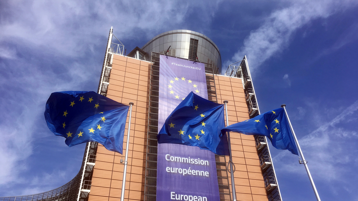 European Union flags flap in the wind outside EU headquarters in Brussels, Wednesday, April 10, 2019. (AP Photo/Virginia Mayo)