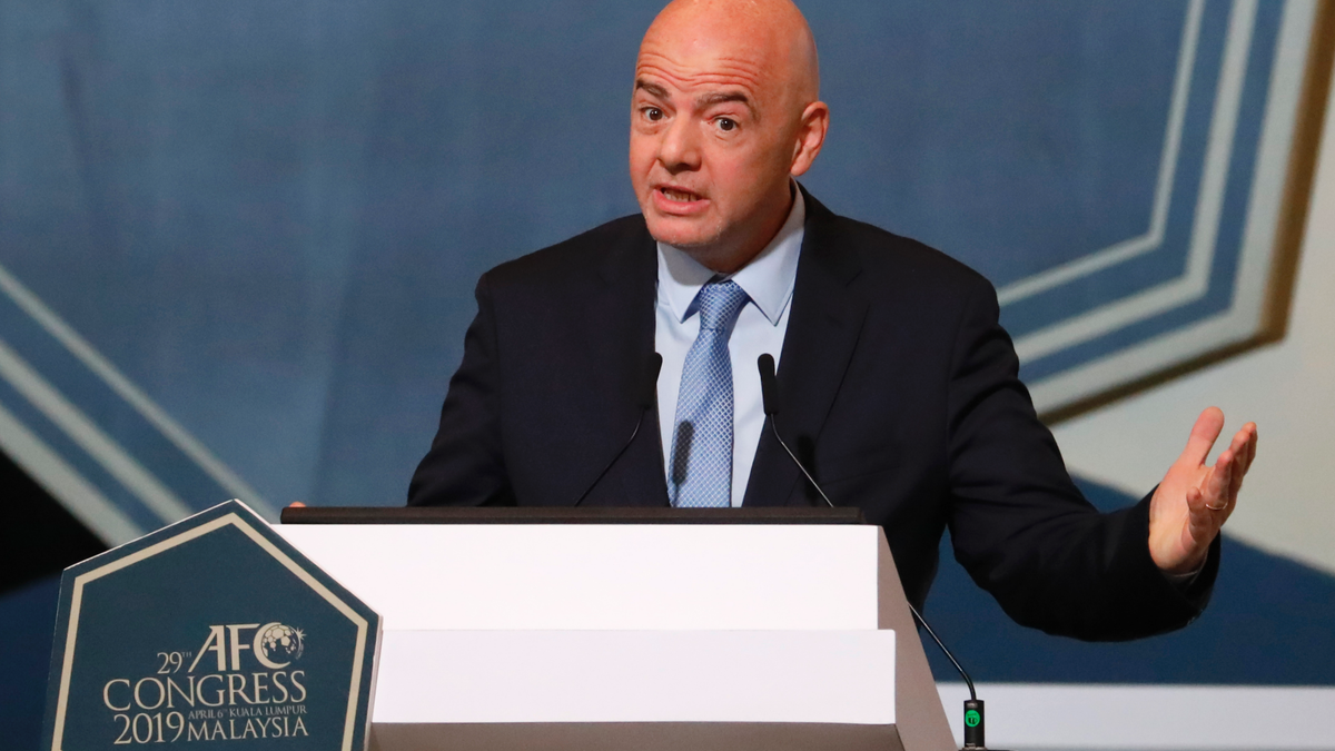 FIFA President Gianni Infantino speaks during the 29th AFC Congress in Kuala Lumpur, Malaysia, Saturday, April 6, 2019. (AP Photo/Vincent Thian)