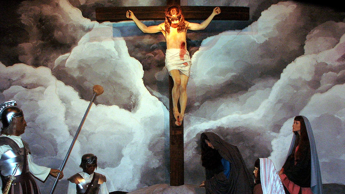 The crucifixion of Jesus Christ is portrayed at the BibleWalk wax museum in Mansfield, Ohio.