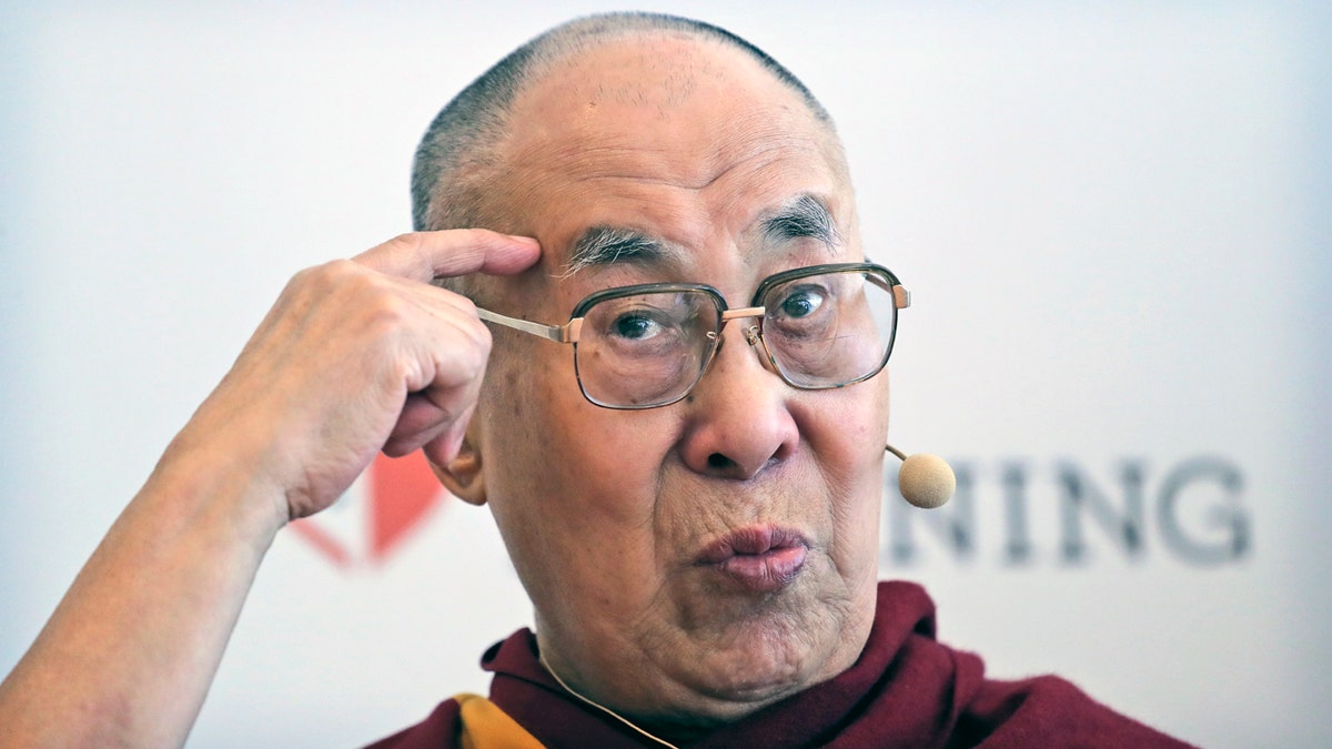 Tibetan spiritual leader the Dalai Lama speaks with reporters in New Delhi, India Thursday. (AP Photo/Manish Swarup)