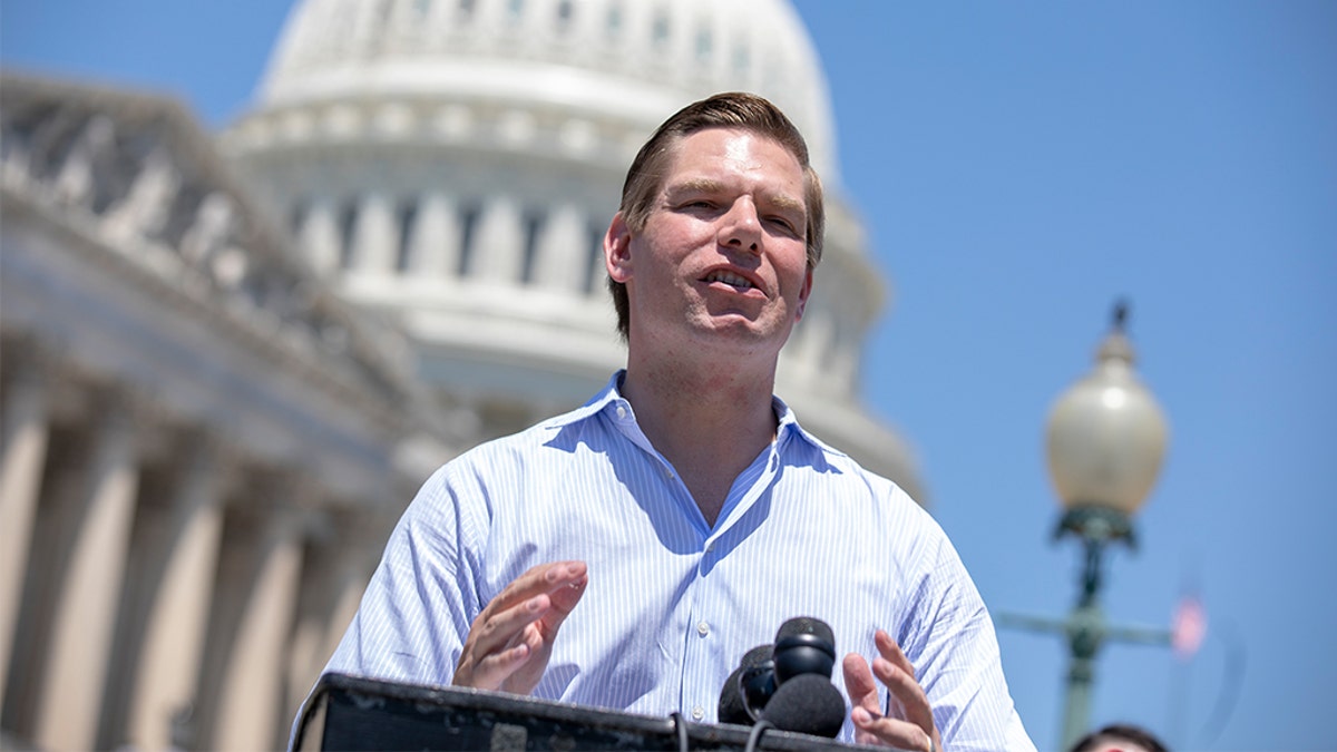 U.S. Rep. Eric Swalwell, D-Calif., speaks to reporters outside the U.S. Capitol in Washington, July 10, 2018. (Getty Images)