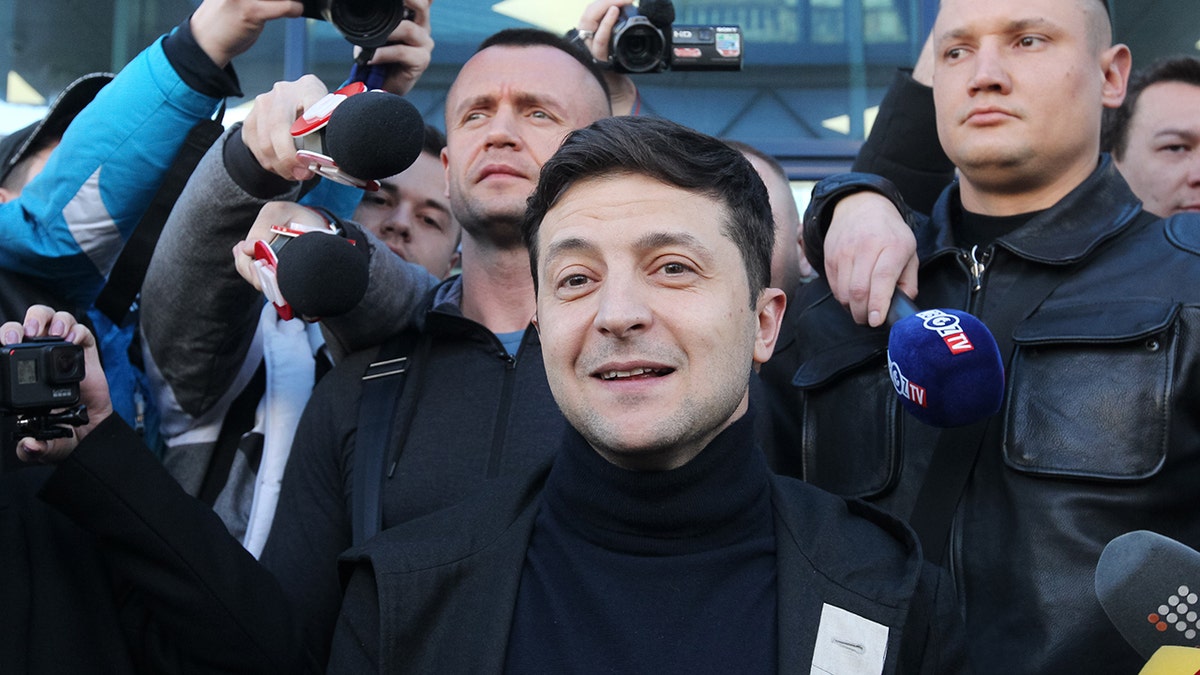 Ukrainian actor-turned-presidential candidate Volodymyr Zelensky seen talking to the media on April 5, 2019