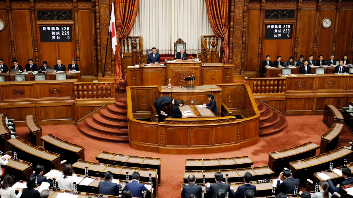 This general view shows a plenary session of upper house house after Eugenics Protection Law was passed in parliament in Tokyo Wednesday, April 25, 2019.