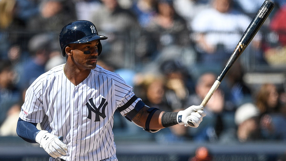 Miguel Andujar #41 of the New York Yankees bats during the first inning of the game against the Baltimore Orioles during Opening Day at Yankee Stadium on March 28, 2019 in the Bronx borough of New York City. 