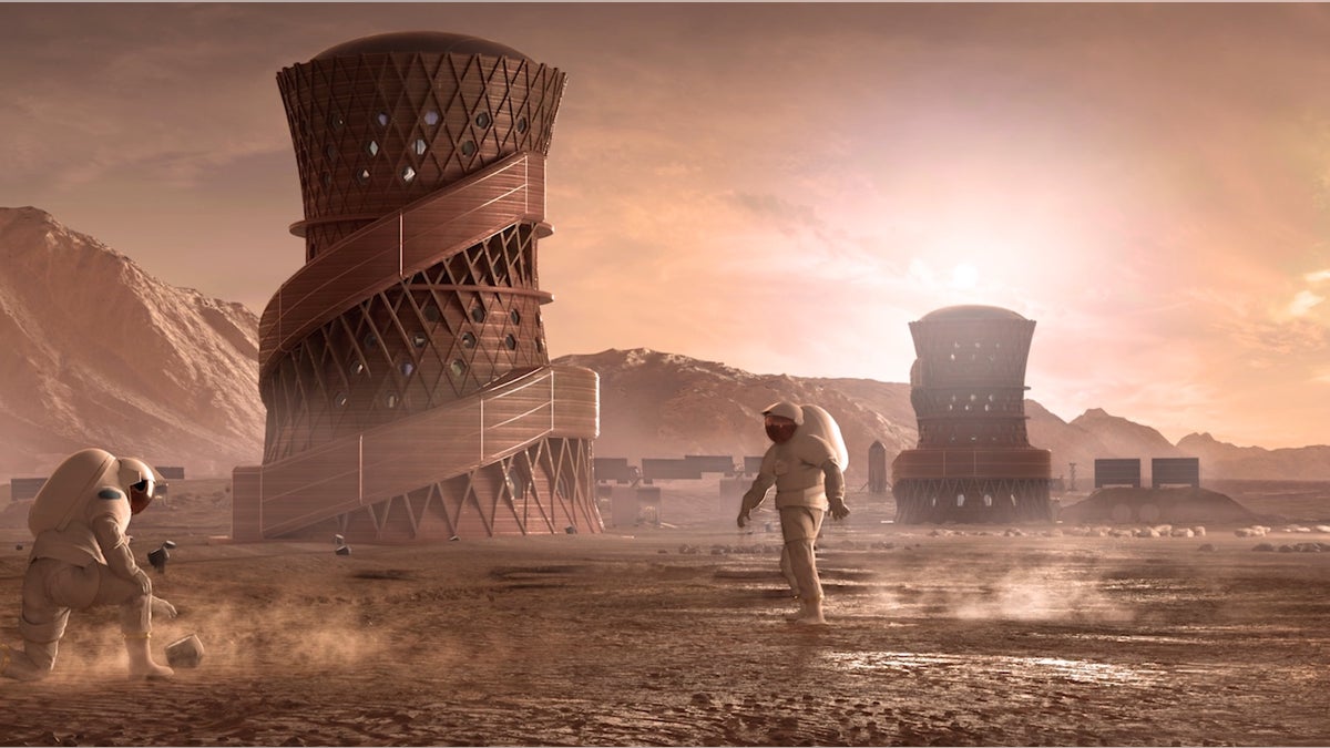 One of the winning teams of a NASA competition to make a full-scale Mars habitat using modeling software, Team SEArch+/Apis Cor, designed this Martian abode, which is built from the upper part of a Hercules Single-Stage Reusable Vehicle.