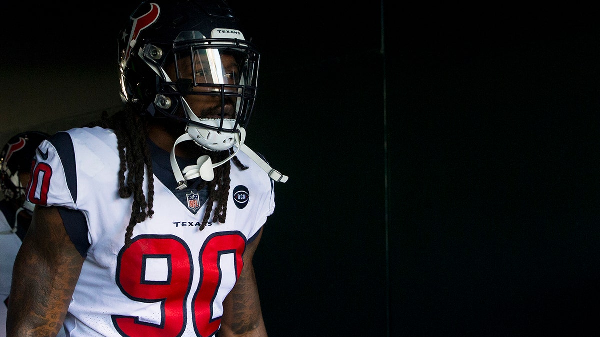 Jadeveon Clowney #90 of the Houston Texans walks on the field prior to the game against the Philadelphia Eagles at Lincoln Financial Field on December 23, 2018 in Philadelphia, Pennsylvania. The Eagles defeated the Texans 32-30. 