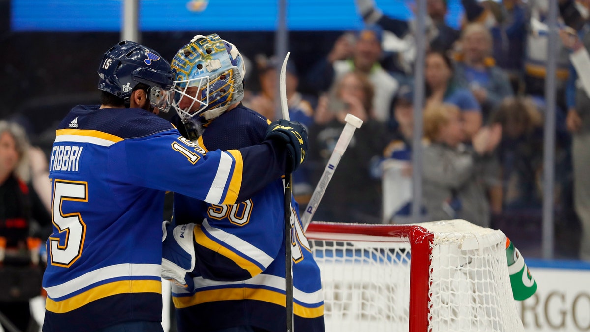 St. Louis Blues' Robby Fabbri, left, and goaltender Jordan Binnington celebrate after defeating the Winnipeg Jets in Game 6 of an NHL first-round hockey playoff series, Saturday, April 20, 2019, in St. Louis. (AP Photo/Jeff Roberson)