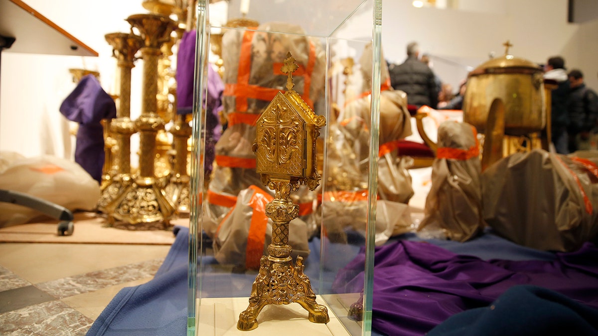 PARIS, FRANCE - APRIL 16: Historical artifacts that were saved from Notre-Dame de Paris cathedral are stored in a room of the Paris City Hall on April 16, 2019 in Paris, France. A fire broke out on Monday afternoon and quickly spread across the building, collapsing the spire. The cause is unknown but officials said it was possibly linked to ongoing renovation work.