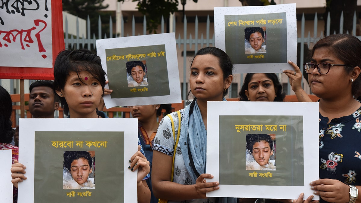 A protest rally against the murder of Nusrat Jahan Rafi, a madrasa girl from Feni who was burned after sexual abuse charges against the principal, in Dhaka, Bangladesh, last week. (Mamunur Rashid/NurPhoto via Getty Images)