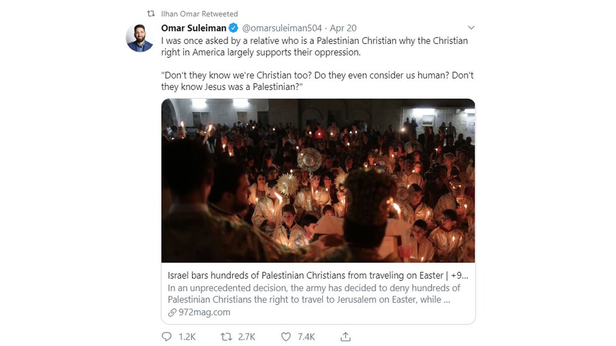 Rep. Ilhan Omar, D-Minn. is being criticized for retweeting a tweet that claims Jesus was a "Palestinian."