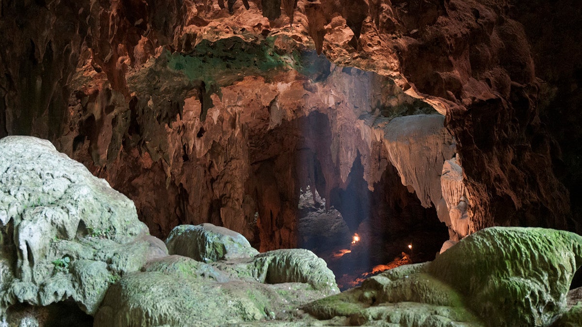 This undated photo provided by the Callao Cave Archaeology Project in April 2019 shows Callao Cave on Luzon Island of the Philippines, where the fossils of Homo luzonensis were discovered. This view is taken from the rear of the first chamber of the cave, where the fossils were found, in the direction of the second chamber. (Callao Cave Archaeology Project via AP)
