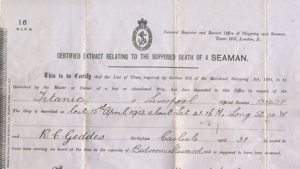An official document describing Geddes "supposed death" on Titanic. (Henry Aldridge and Son)