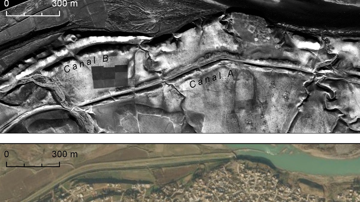 At top, canals and site on the right bank of the Upper Zab River, photographed by a U2 spy plane on Jan. 20, 1960. At bottom, DigitalGlobe image showing the growth of the modern town of Khabat over the same features. (Emily Hammer and Jason Ur)