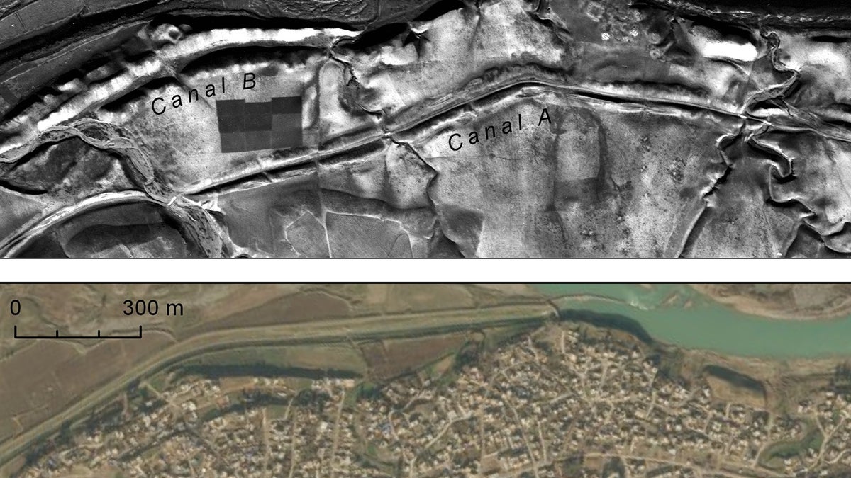 At top, canals and site on the right bank of the Upper Zab River, photographed by a U2 spy plane on Jan. 20, 1960. At bottom, DigitalGlobe image showing the growth of the modern town of Khabat over the same features. (Emily Hammer and Jason Ur)