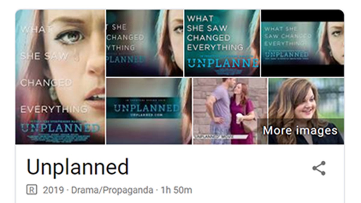 A Google screenshot shows 'Unplanned' listed as 'Drama/Propaganda.'
