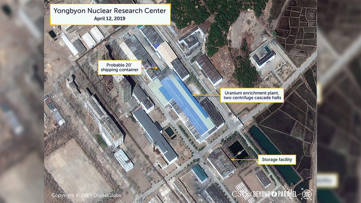 A view of what researchers of Beyond Parallel, a CSIS project, describe as a probably 20-foot shipping container near the uranium enrichment plant at the Yongbyon Nuclear Research Center in North Pyongan Province, North Korea, in this commercial satellite image taken April 12, 2019 and released April 16. 