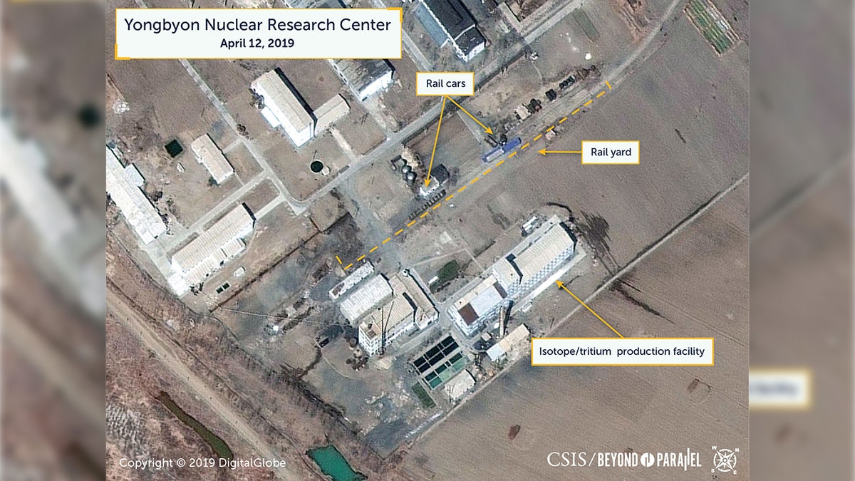 A view of what researchers of Beyond Parallel, a CSIS project, describe as specialized rail cars at the Yongbyon Nuclear Research Center in North Pyongan Province, North Korea, in this commercial satellite image taken April 12, 2019 and released April 16, 2019.