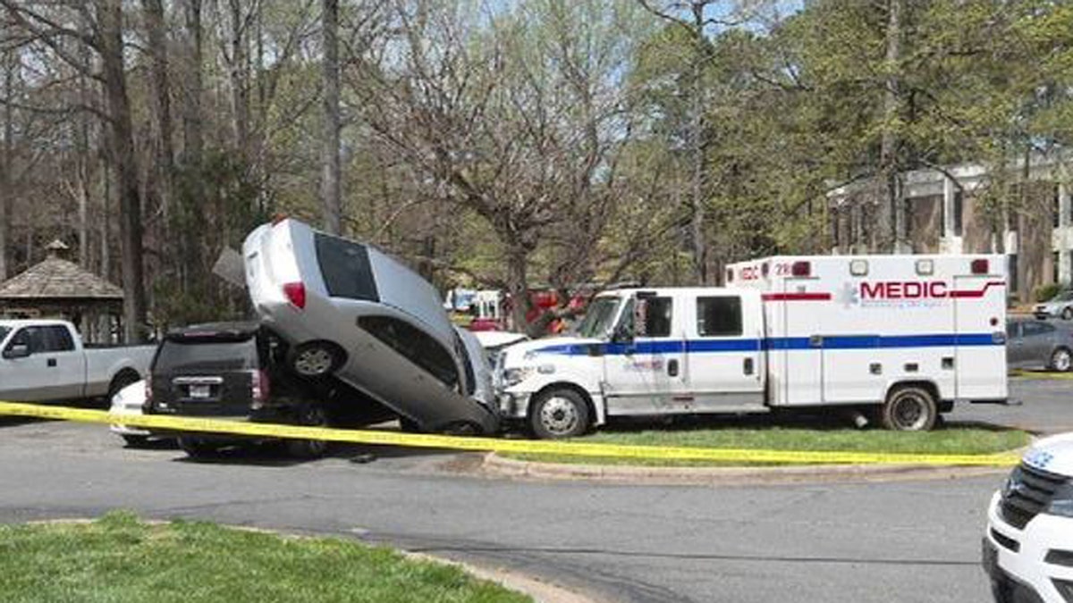 Several vehicles were damaged after a man stole an ambulance in a parking lot of a business in Charlotte, North Carolina on Monday.