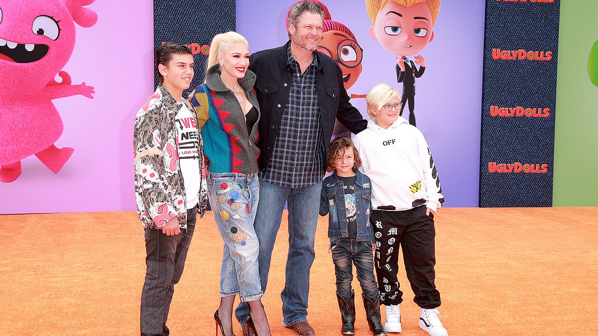 LOS ANGELES, CALIFORNIA - APRIL 27: (L-R) Kingston Rossdale, Gwen Stefani, Blake Shelton, Apollo Bowie Flynn Rossdale, and Zuma Nesta Rock Rossdale attend STX Films World Premiere of "UglyDolls" at Regal Cinemas L.A. Live on April 27, 2019 in Los Angeles, California. (Photo by Rich Fury/Getty Images)