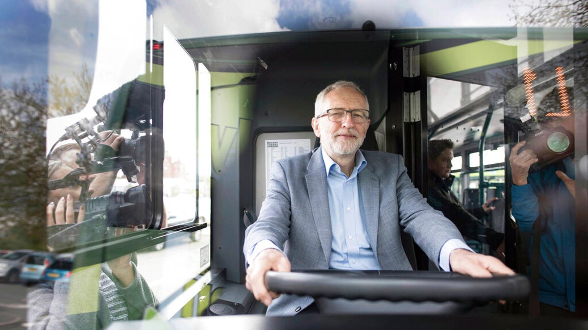 Britain's Labour leader Jeremy Corbyn is filmed on an 'eco bus' in Nottingham, England, Thursday April 25, 2019. 