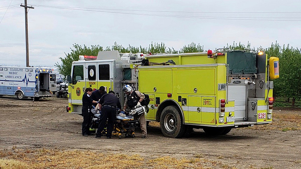 Fire and medical officials attend to one of two teenage boys who were electrocuted while trying to rescue a dog from an irrigation canal at an orchard in Dixon, Calif. (California Highway Patrol/Via AP)