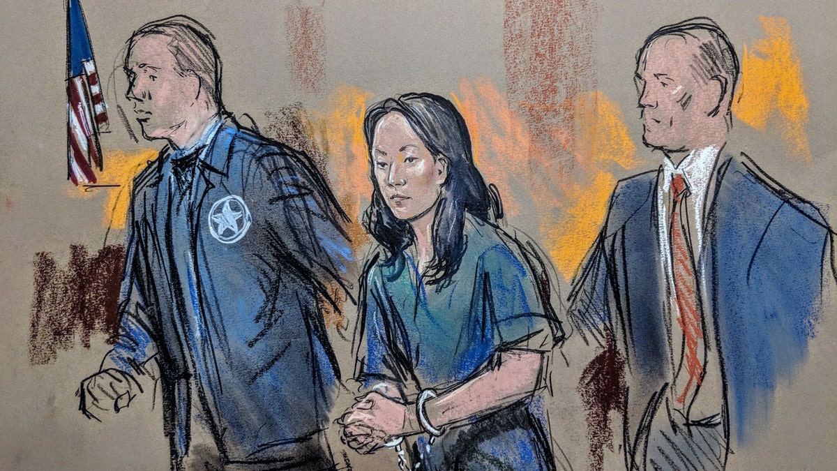 Yujing Zhang being led into federal court in West Palm Beach, Fla., on Monday. (William Hennessy Jr. / CourtroomArt.com)