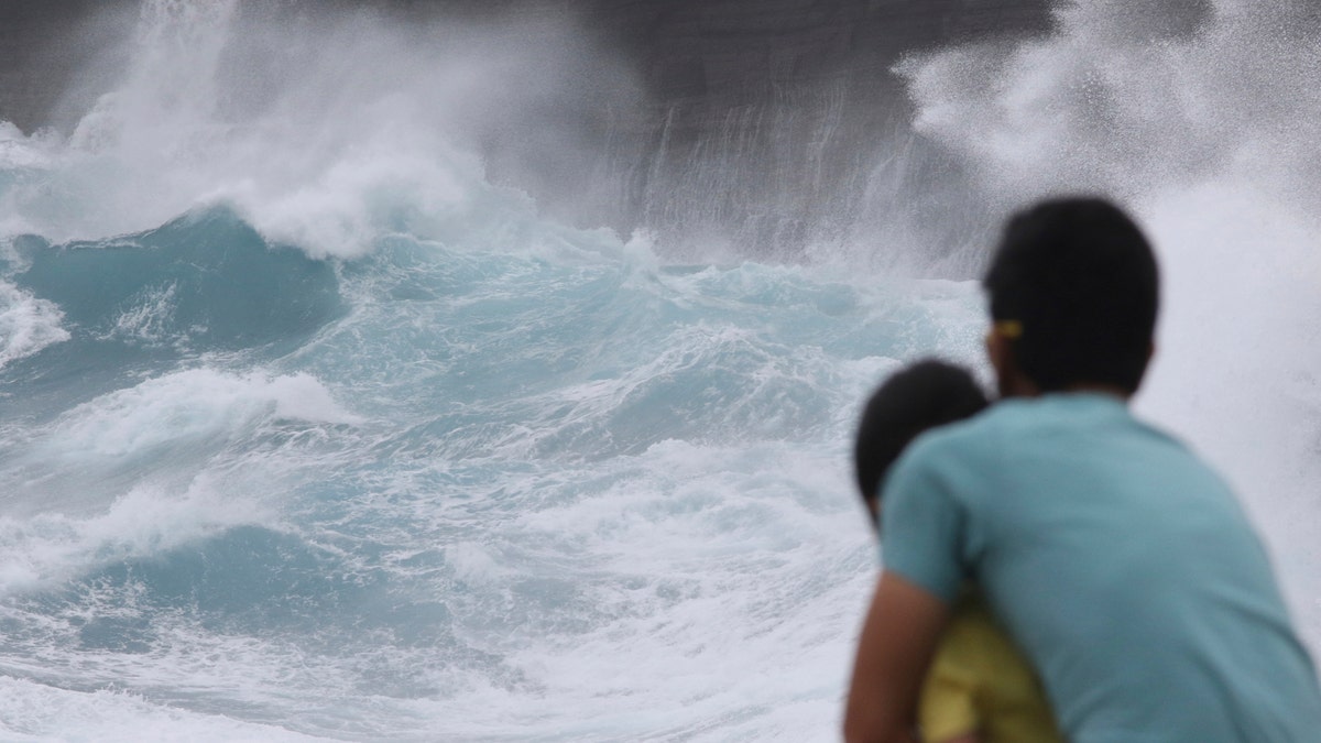 A man and his son watch as waves crash off sea cliffs along the southeast shore of Oahu as Hurricane Lane approaches Honolulu, Hawaii, on Aug. 24, 2018. (AP Photo/Caleb Jones, File)