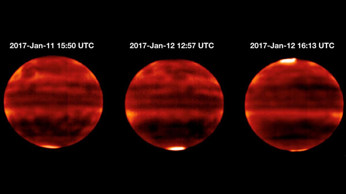 Sensitive to Jupiter's stratospheric temperatures, these infrared images were recorded by the Cooled Mid-Infrared Camera and Spectrograph (COMICS) at the Subaru Telescope on the summit of Mauna Kea, Hawaii. Areas that are more yellow and red indicate the hotter regions. (Credit: NAOJ and NASA/JPL-Caltech)
