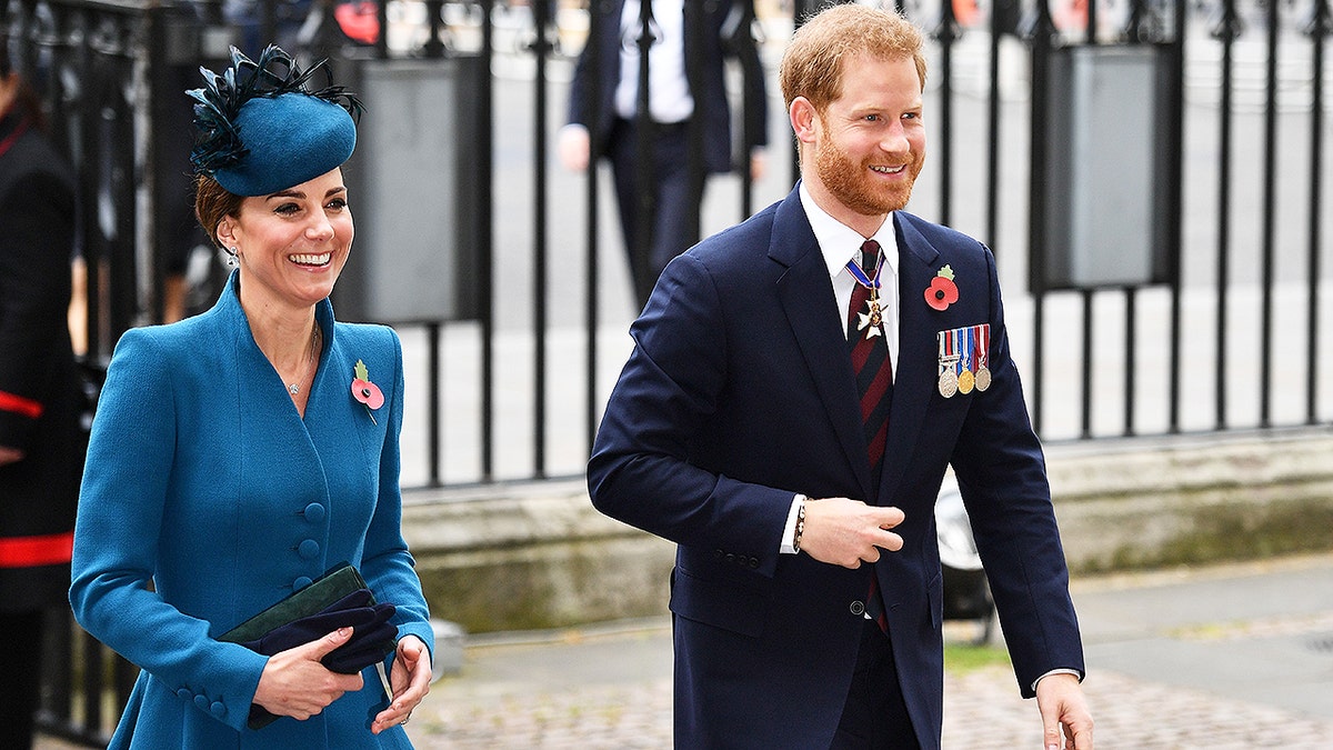 Britain's Catherine, Duchess of Cambridge, (L) and Britain's Prince Harry, Duke of Sussex, (R) arrive to attend a service of commemoration and thanksgiving to mark Anzac Day in Westminster Abbey in London on April 25, 2019. - Anzac Day marks the anniversary of the first major military action fought by Australian and New Zealand forces during the First World War. The Australian and New Zealand Army Corps (ANZAC) landed at Gallipoli in Turkey during World War I. (Photo by Daniel LEAL-OLIVAS / AFP)        (Photo credit should read DANIEL LEAL-OLIVAS/AFP/Getty Images)