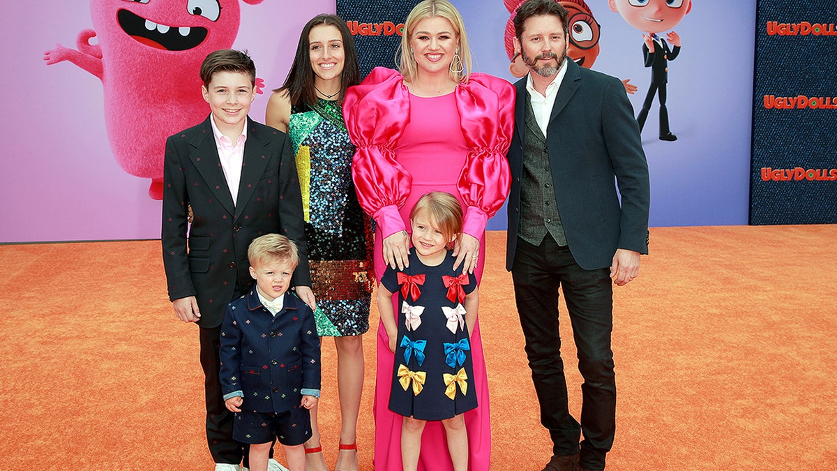 Seth Blackstock, Remington Alexander Blackstock, Savannah Blackstock, Kelly Clarkson, River Rose Blackstock, and Brandon Blackstock attend STX Films World Premiere of "UglyDolls" at Regal Cinemas L.A. Live on April 27, 2019 in Los Angeles.