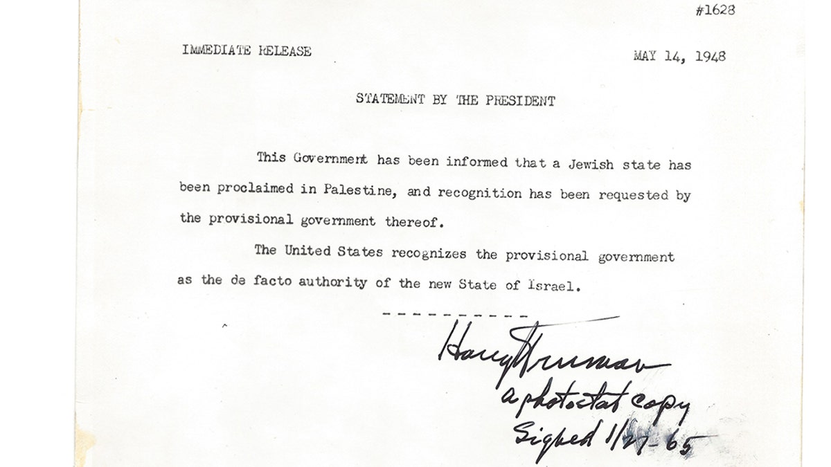 U.S. President Harry S. Truman was the first world leader to recognize the state of Israel in 1948, but he didn't sign the official statement until years later. It is now for sale.