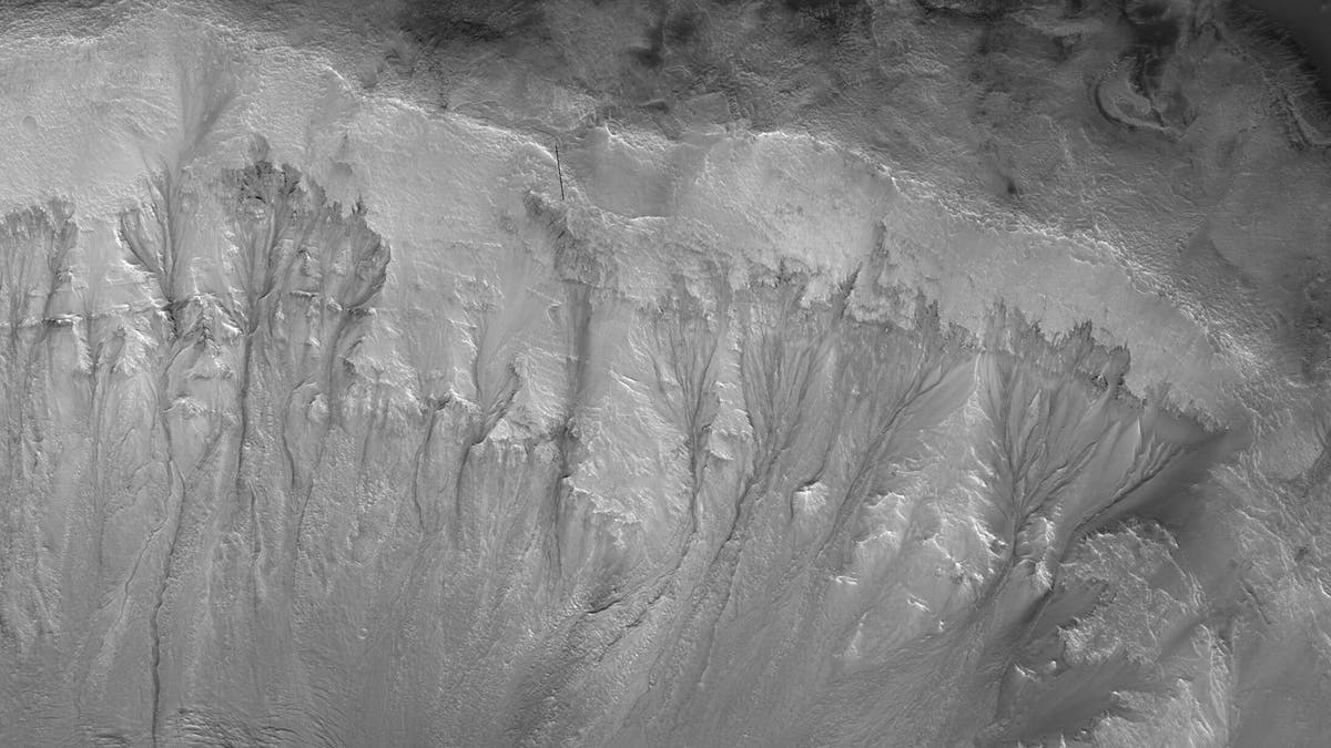 Recurrent Slope Linae on the Palikir Crater walls on Mars. (Credit: NASA/JPL/University of Arizona)