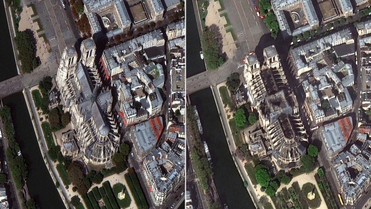 Recently released satellite pictures also shows the extensive fire damage to Notre Dame; pictured left is the cathedral in September 2018; pictured right is April 17, 2019.