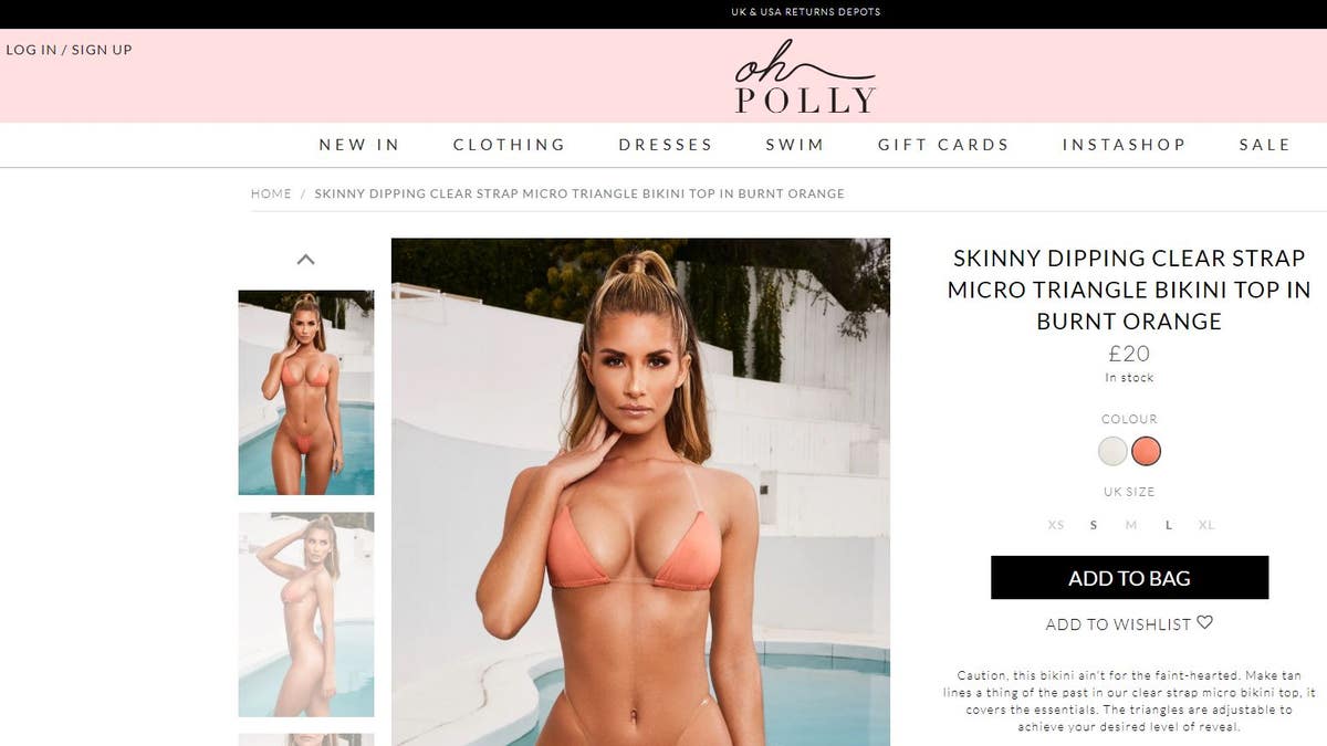 The bikini is labeled the "Skinny Dipping Clear Strap Micro Triangle Bikini."