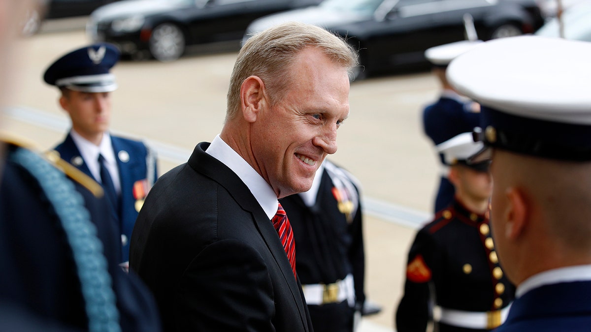 Acting Defense Secretary Patrick Shanahan speaks with reporters before an arrival ceremony for Japan's Defense Minister Takeshi Iwaya at the Pentagon on Friday. (AP Photo/Patrick Semansky)
