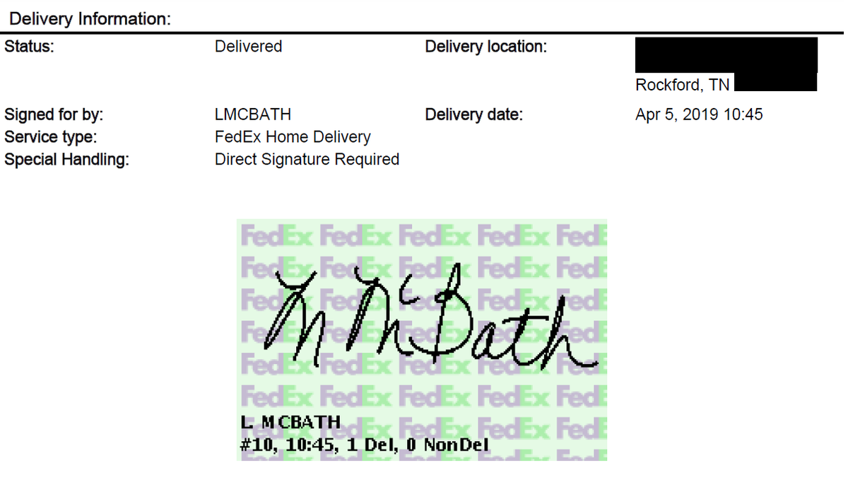 Rep. Lucy McBath accepted the gift on Friday at 10:45 a.m. and signed for it.